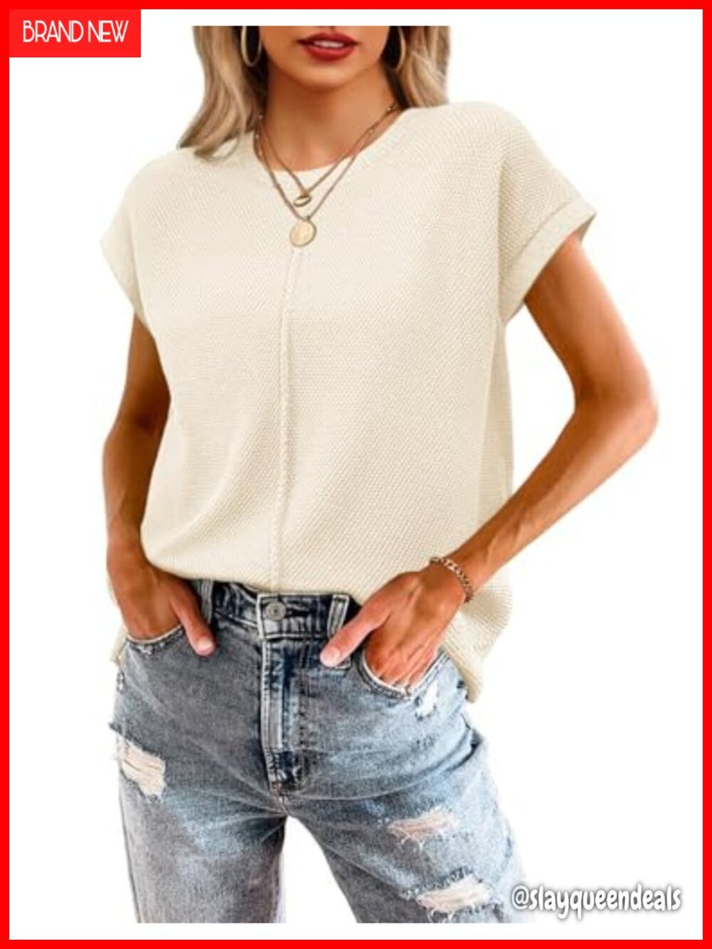 Waffle Knit Sweater Vest Cap Sleeve Crew Neck 100% Viscose Loose Fit